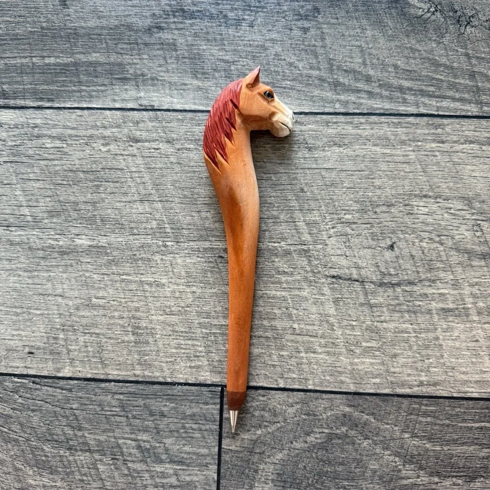 Wooden Horse Head Ballpoint Pen Hand Carved Equestrian Western Brown 6in No Ink